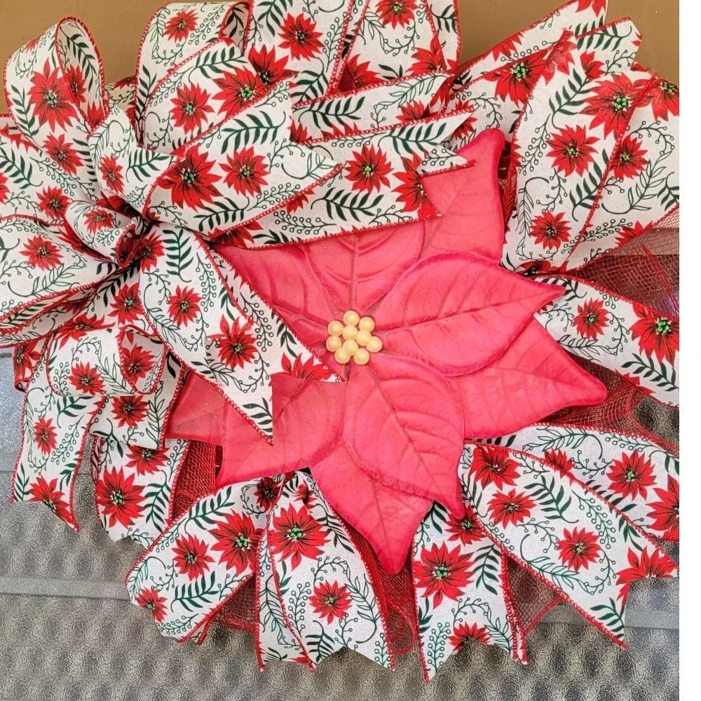 Poinsettia Red Christmas Wreath Pancake Frame Floral festive holiday decor